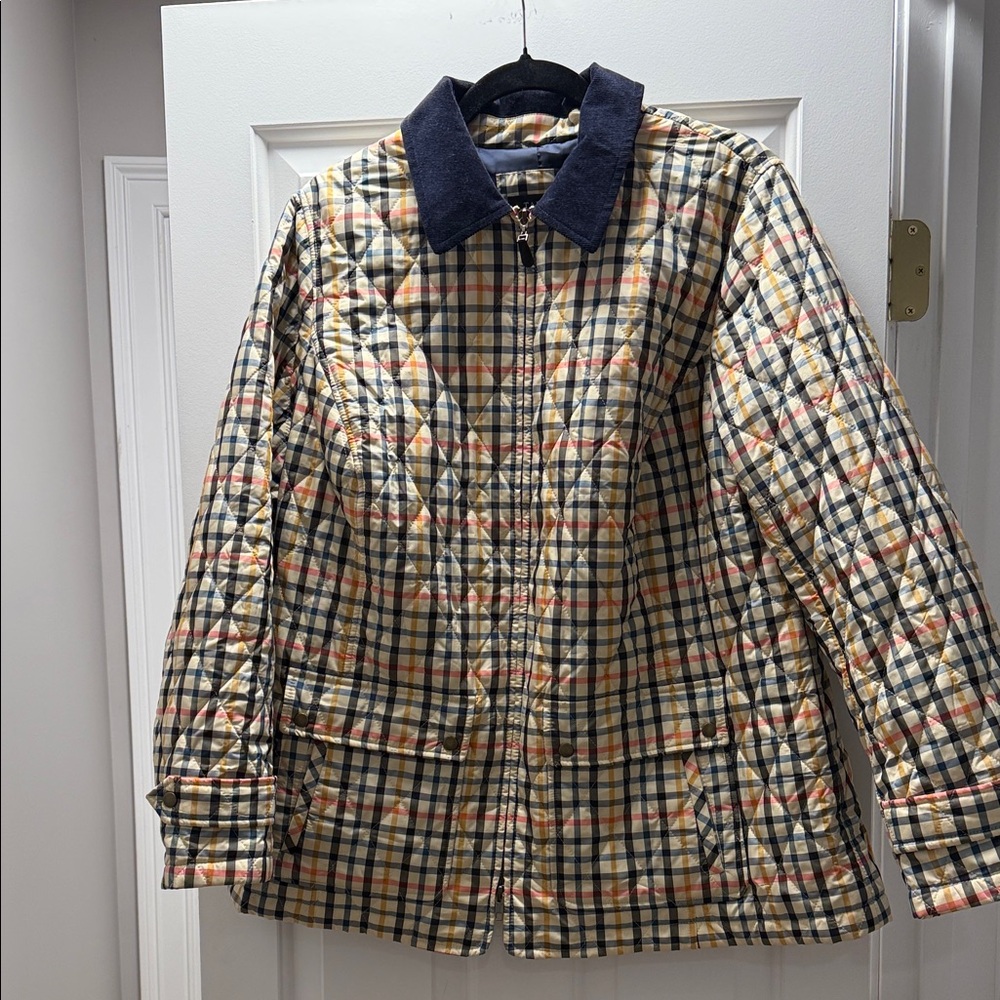 Talbots Multicolor Quilted Plaid Jacket with Navy Corduroy Collar